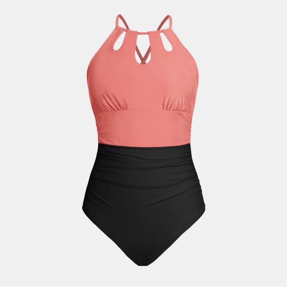 NWT CUPSHE Cutout High Neck Tummy Control One Piece Swimsuit -Size L Coral/black